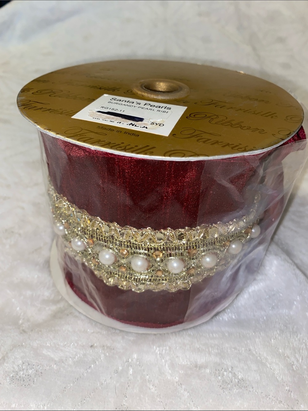 NEW Farrisilk Ribbon Santa’s Pearls Burgundy & Gold Pearl Wired Ribbon 5 yards - Picture 3 of 11